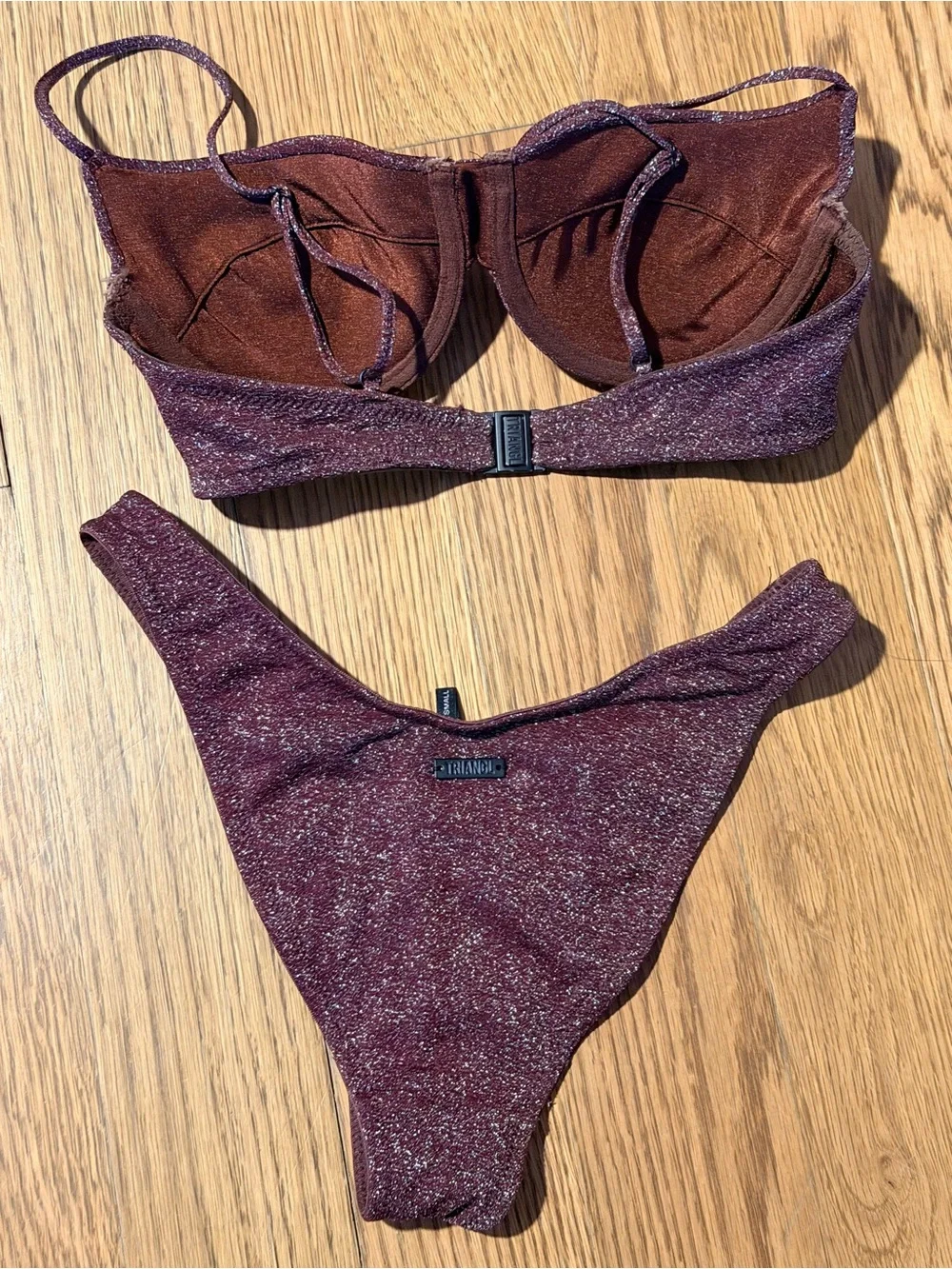 TRIANGL Burgundy Glitter Bikini Set XS Sparkly Underwire Swimwear w/ Pouch